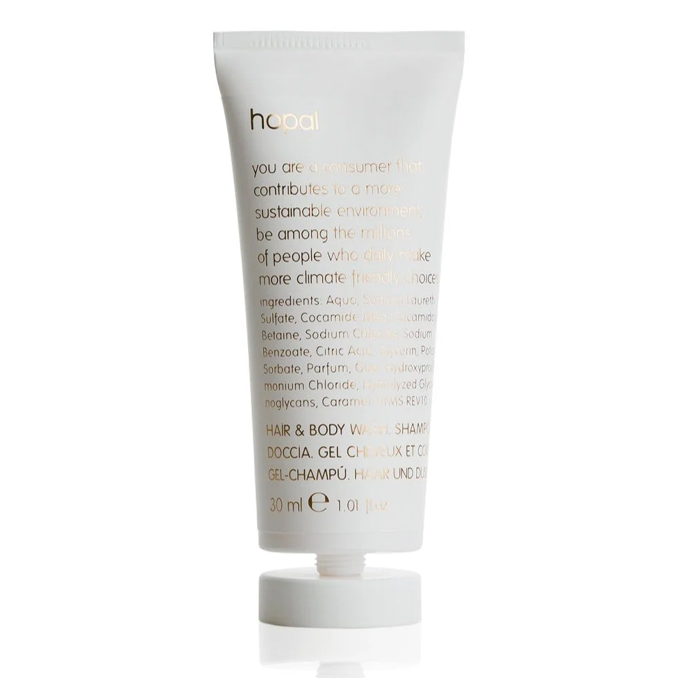 Shampoo HOPAL Hair and Body 30ml Svanemærket Tube med Knæklåg,216 stk x 30 ml/krt