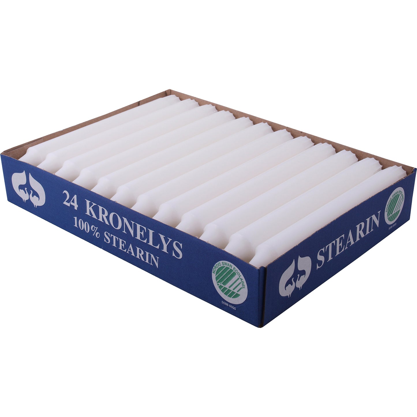Kronelys Ø22x200 mm Brændetid 7 timer Ren Stearin Svanemærket Hvid,24 stk/pk