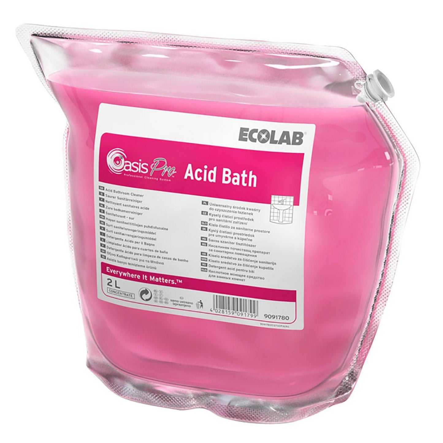 Sanitetsrengøring Oasis Pro Acid Bath Stærkt sur med Parfume 2 ltr Lyserød,2 ps x 2 ltr/krt