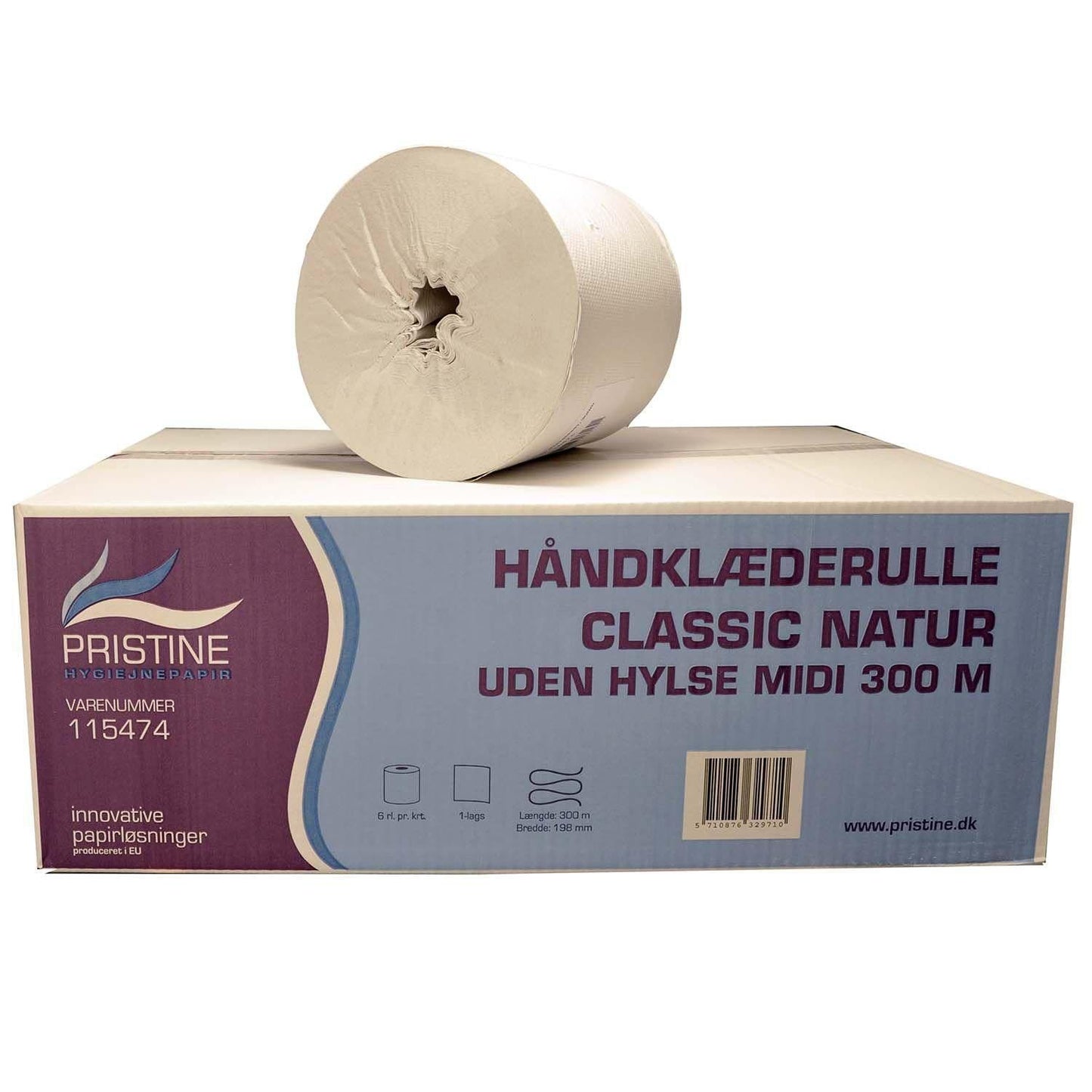 Håndklæderulle Pristine Classic 1-lag Ø20xB20cmxL300m U/Hylse Genbrug Natur,6 rl/krt