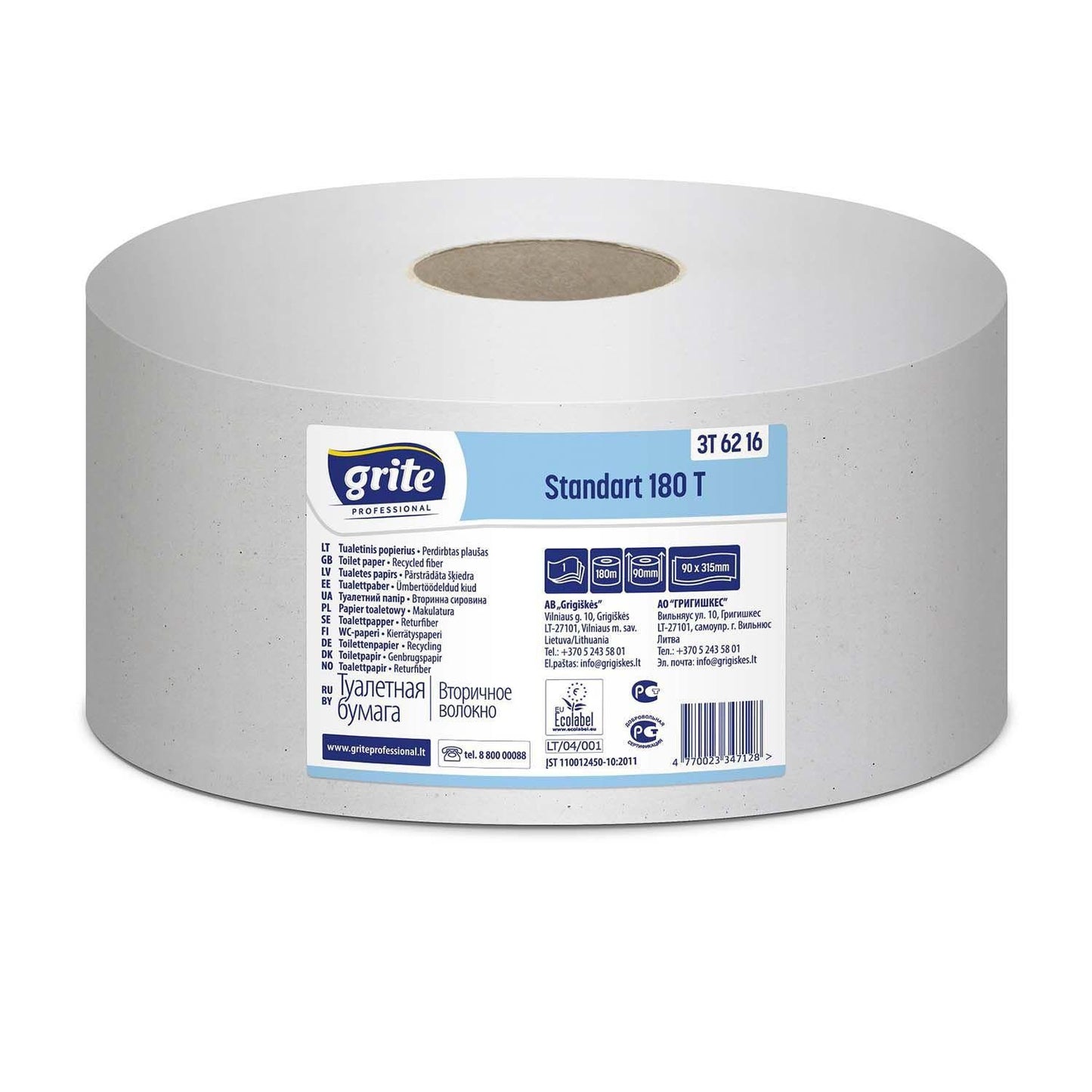 Toiletpapir Grite Jumbo Mini 2-lag Ø19cm L180mxB9cm Genbrugsfiber Hvid,12 rl/krt