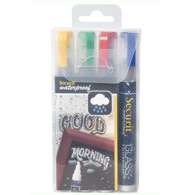 Tuschpen 4 stk Securit medium 2-6 mm Vandfast Rød/Blå/Gul/Grøn,4 stk/pk