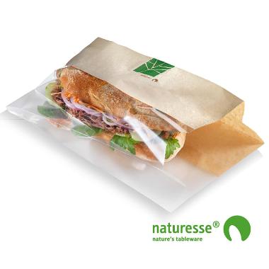 Sandwichpose 280x100x30 mm bionedbrydelig Papir/PLA Brun/Klar,500 stk/krt