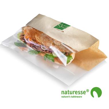 Sandwichpose 230x140x30 mm bionedbrydelig Papir/PLA Brun/Klar,500 stk/krt