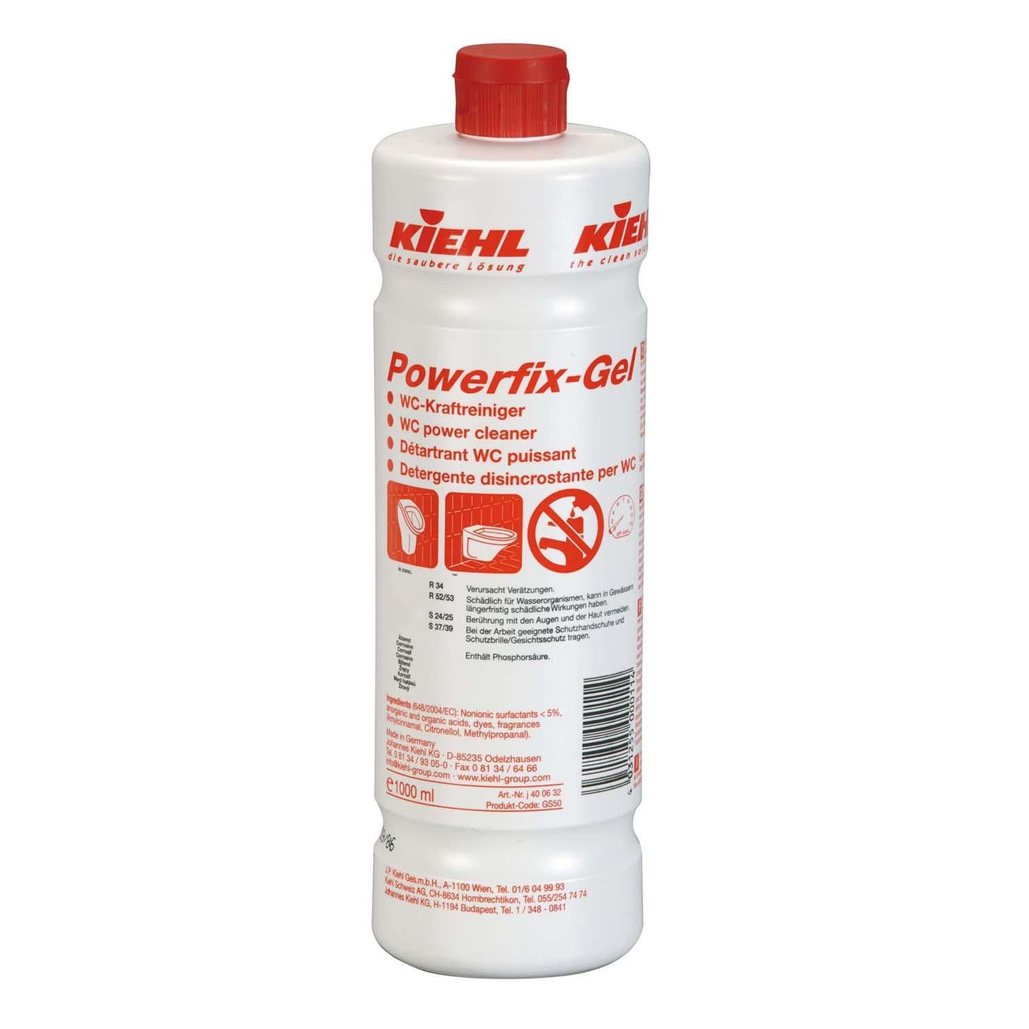 Toiletrens Flydende Powerfix-Gel 1ltr med Farve/Parfume Rød Stærkt Surt,6 fl x 1 ltr/krt