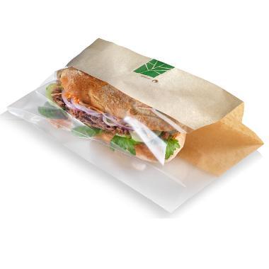 Sandwichpose 330x120x30 mm Bionedbrydelig papir/PLA  Brun/Klar,500 stk/krt