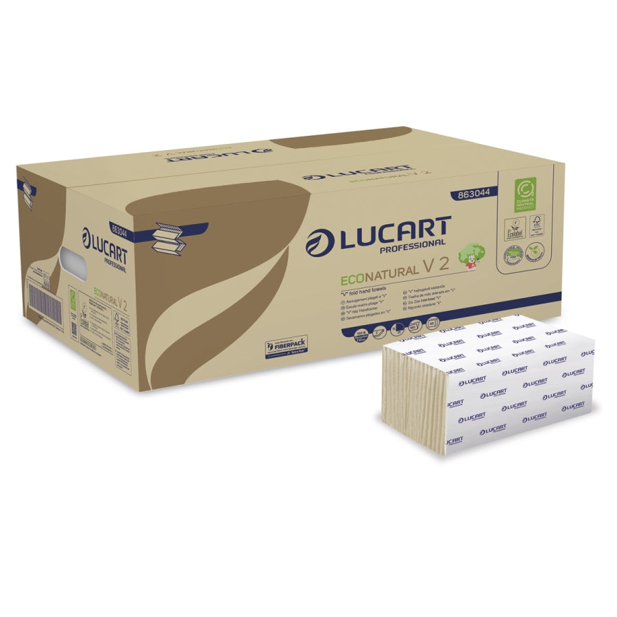 Håndklædeark Lucart EcoNatural V-Fold 2-lag L21xB21xD10.5cm Genbrug Natur,20 pk x 190 stk/krt