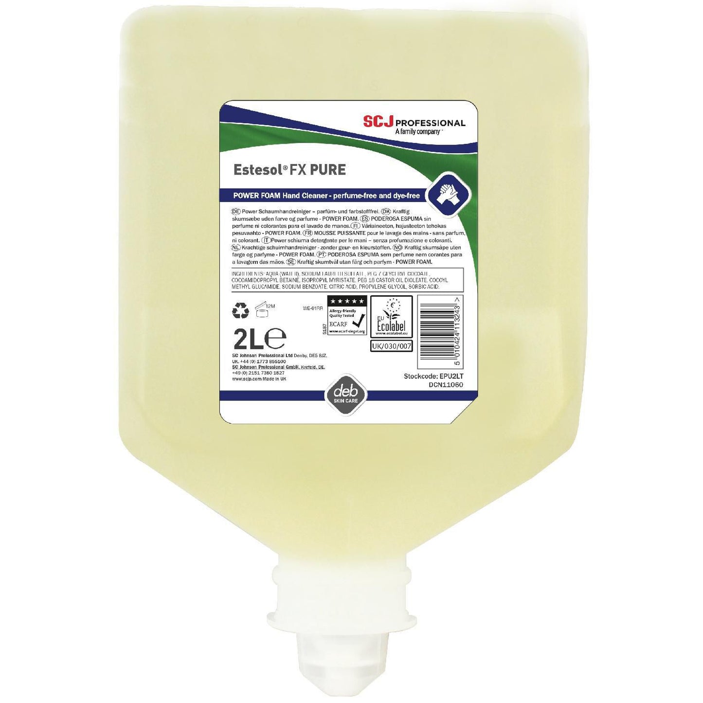 Skumsæbe Estesol FX Pure ekstra kraftig uden farve og parfume t dispenser 2 ltr,2 ltr/fl