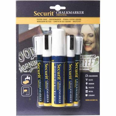 Tuschpen Sæt 5 stk Securit tyk 1-15 mm Vandfast hvid,5 stk/pk