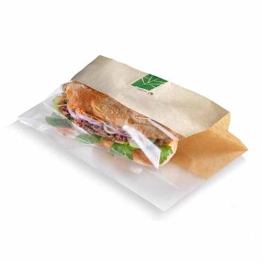 Sandwichpose 210/(2x35)x230 mm papir/PLA Brun/Klar,500 stk/krt