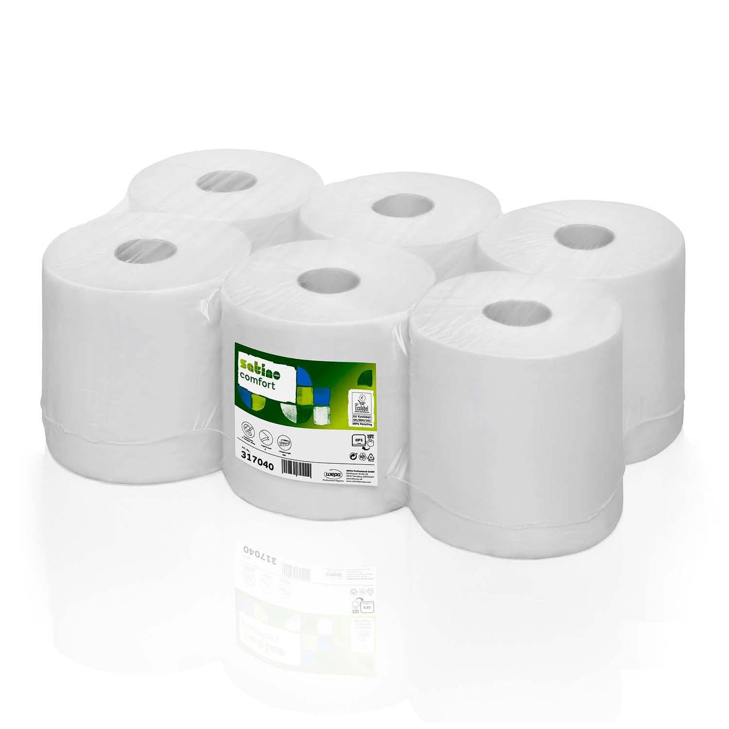 Håndklæderulle Satino Comfort 1-lag Ø20xB20cmxL300m Perfo. Genbrug M/Hylse Hvid,6 rl/krt