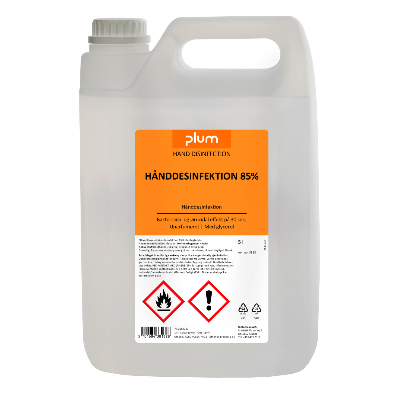 Hånddesinfektion Flydende Plum 85% ethanol 5ltr med Glycerol uden Parfume,3 dnk x 5 ltr/krt