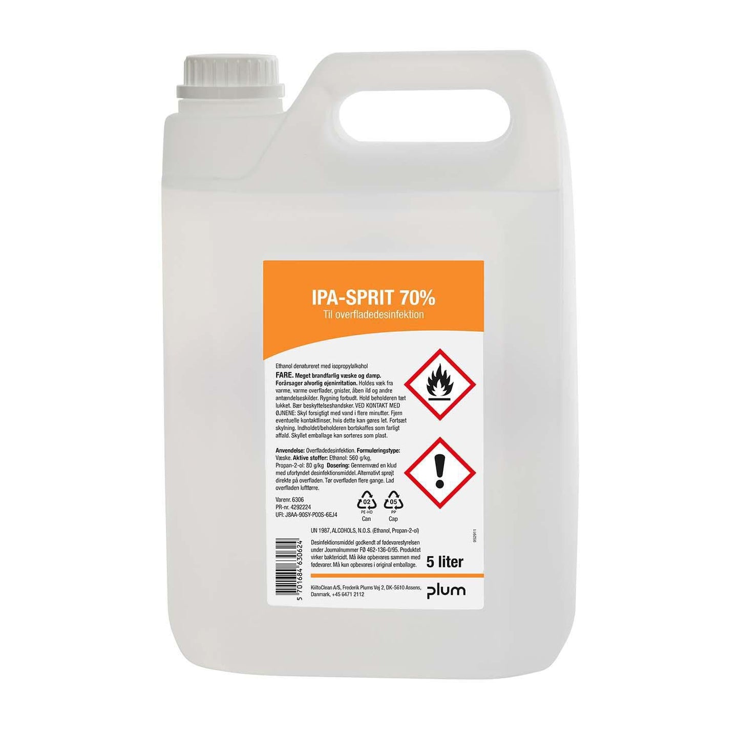 Desinfektion Flydende IPA-Sprit 70% 5ltr Klar-til-brug Fødevaregodkendt,3 dnk x 5 ltr/krt