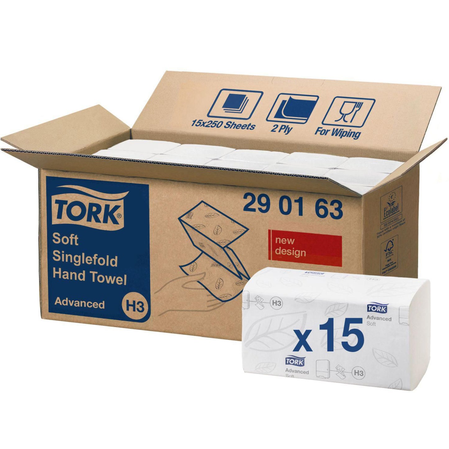 Håndklædeark Tork Advanced H3 V-Fold 2-lag L23xB24.8xD11.5cm Genbrug Hvid,15 pk x 250 stk/krt