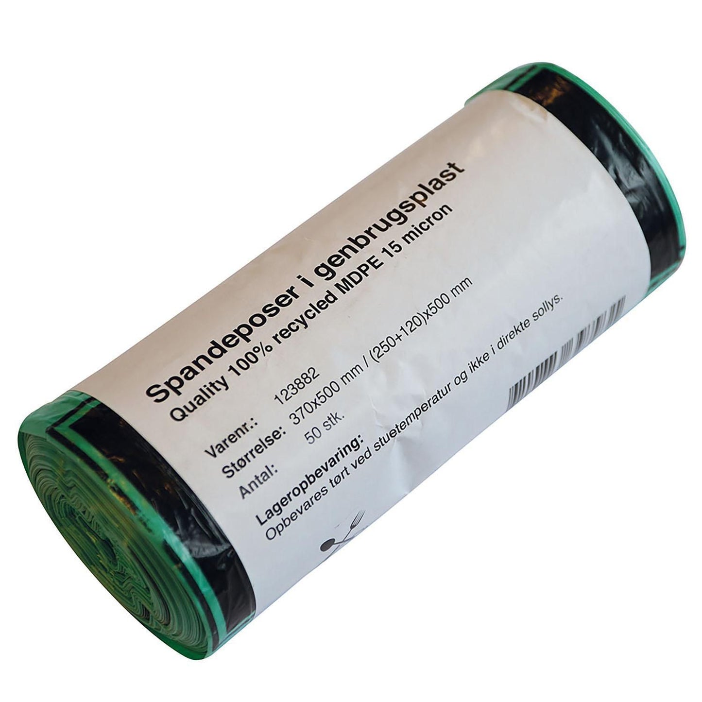 Spandepose Catersource 15ltr B370xL500mm 15my MDPE med Fals Grøn 100% genbrug,25 rl x 40 stk/krt