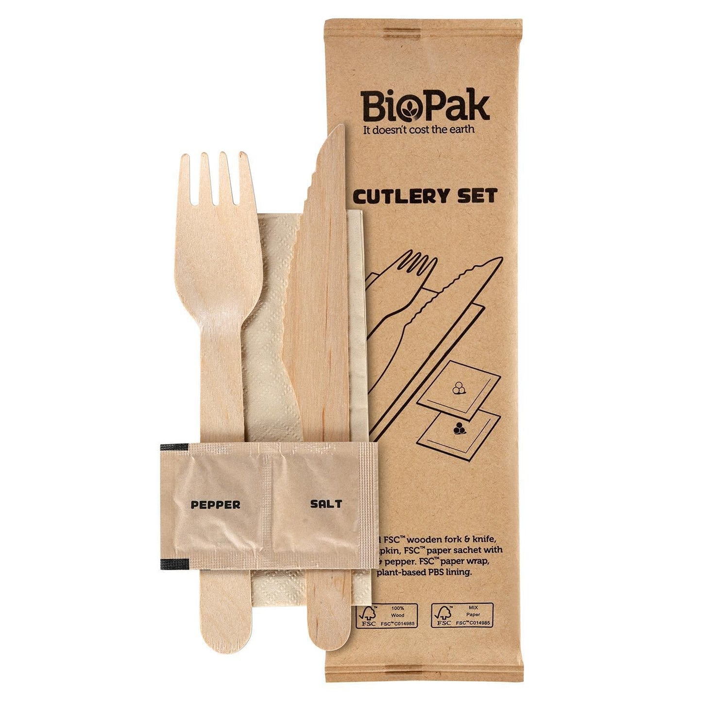Bestikpose 5/1 med træ kniv/gaffel/serviet/salt/peber,250 stk/krt