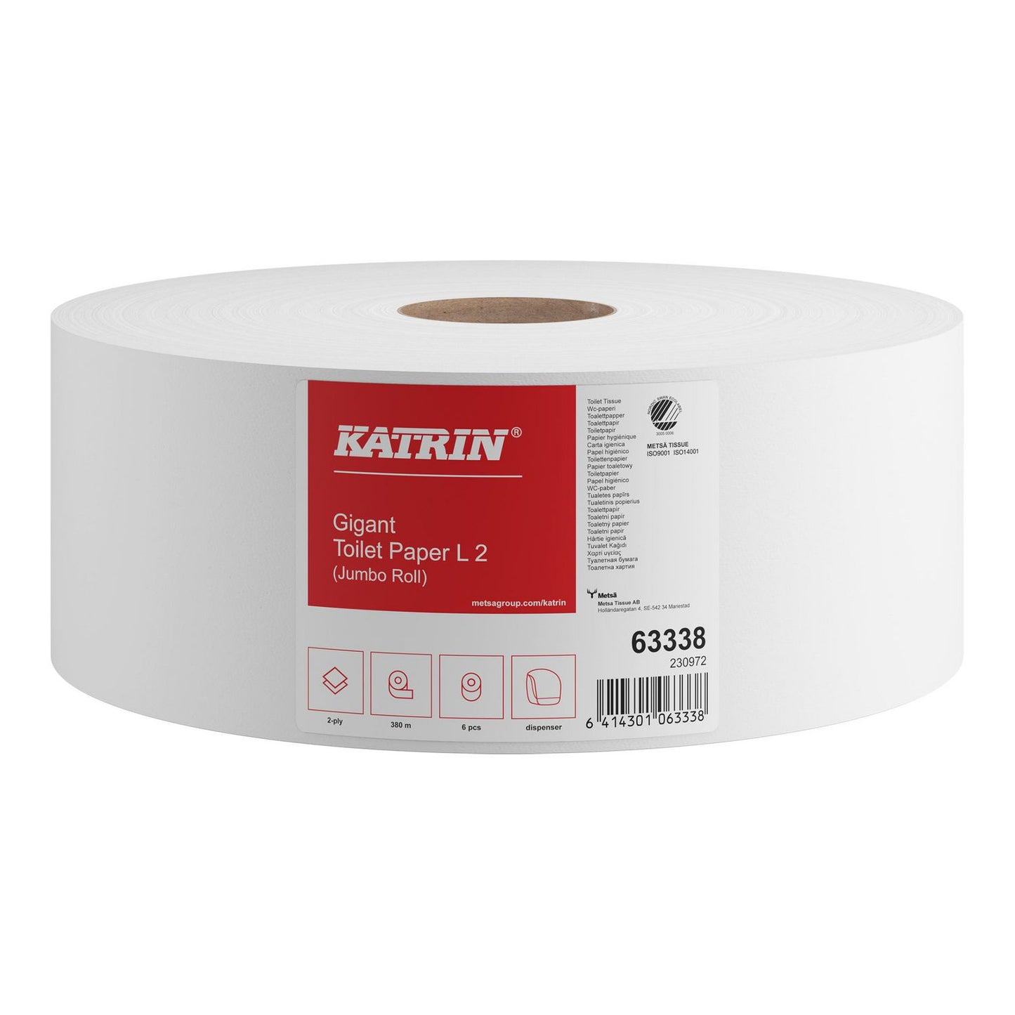 Toiletpapir Katrin Classic Gigant Jumbo L2 2-lag Ø27.5xB9.8cmL380m Mix Hvid,6 stk/krt