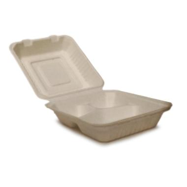 Bakke 3-rum 220x200x85 mm med hængslet låg Bagasse,2 pk x 100 stk/krt