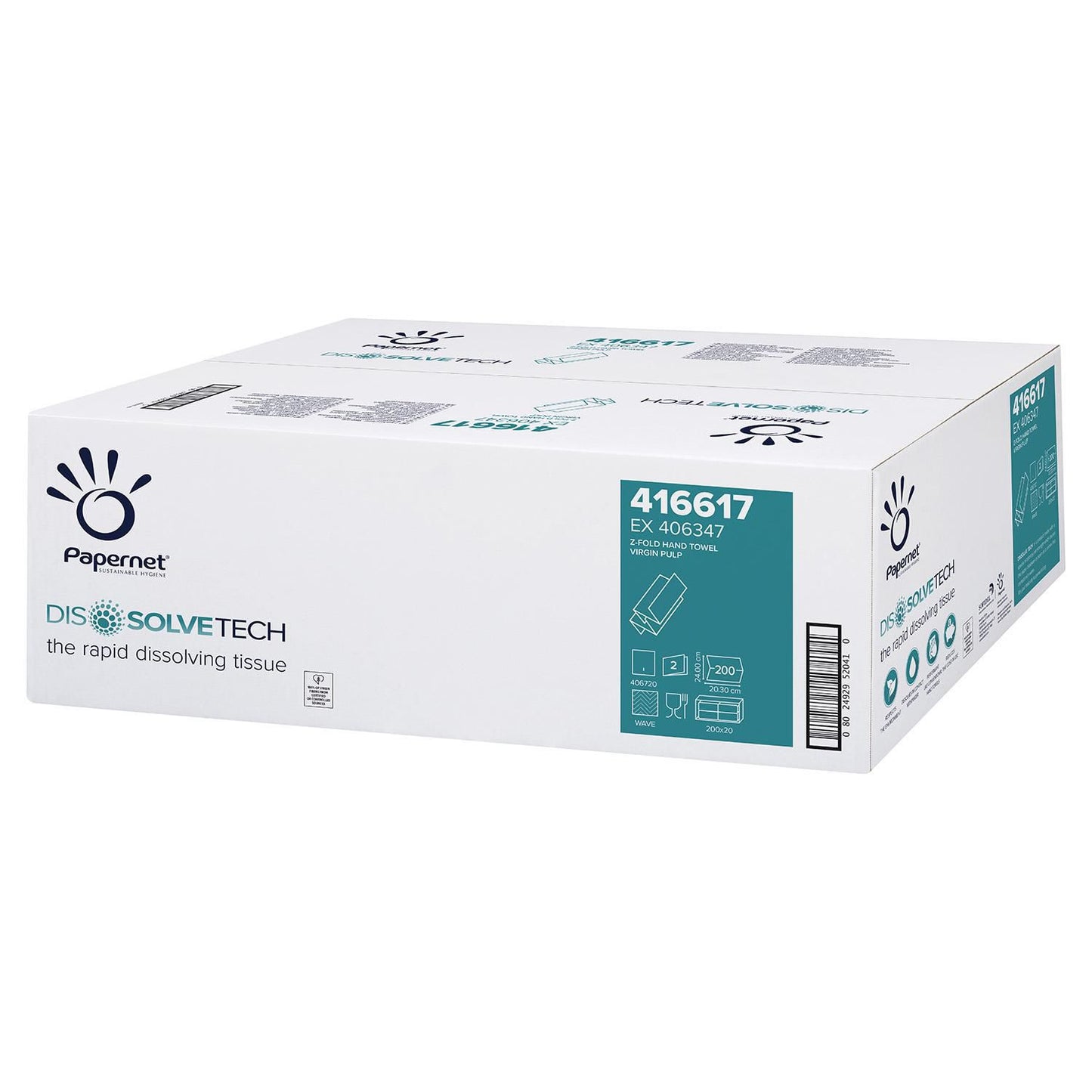 Håndklædeark Papernet Z-Fold 2-lag L24xB20.3xD8cm Nyfiber Hvid Flushable,20 pk x 200 stk/krt