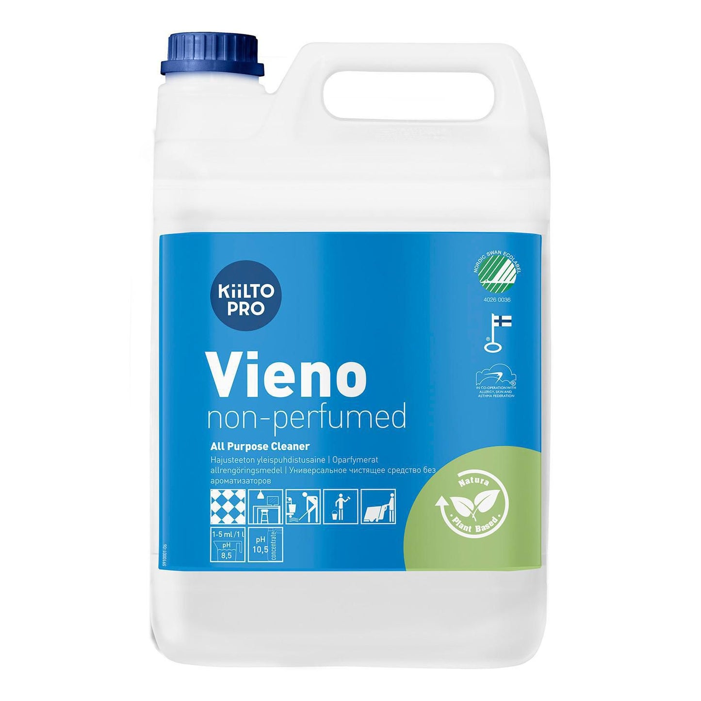 Universalrengøring Kiilto Vieno 5ltr Svanemærket Allergimærket uden Parfume,3 dnk x 5 ltr/krt