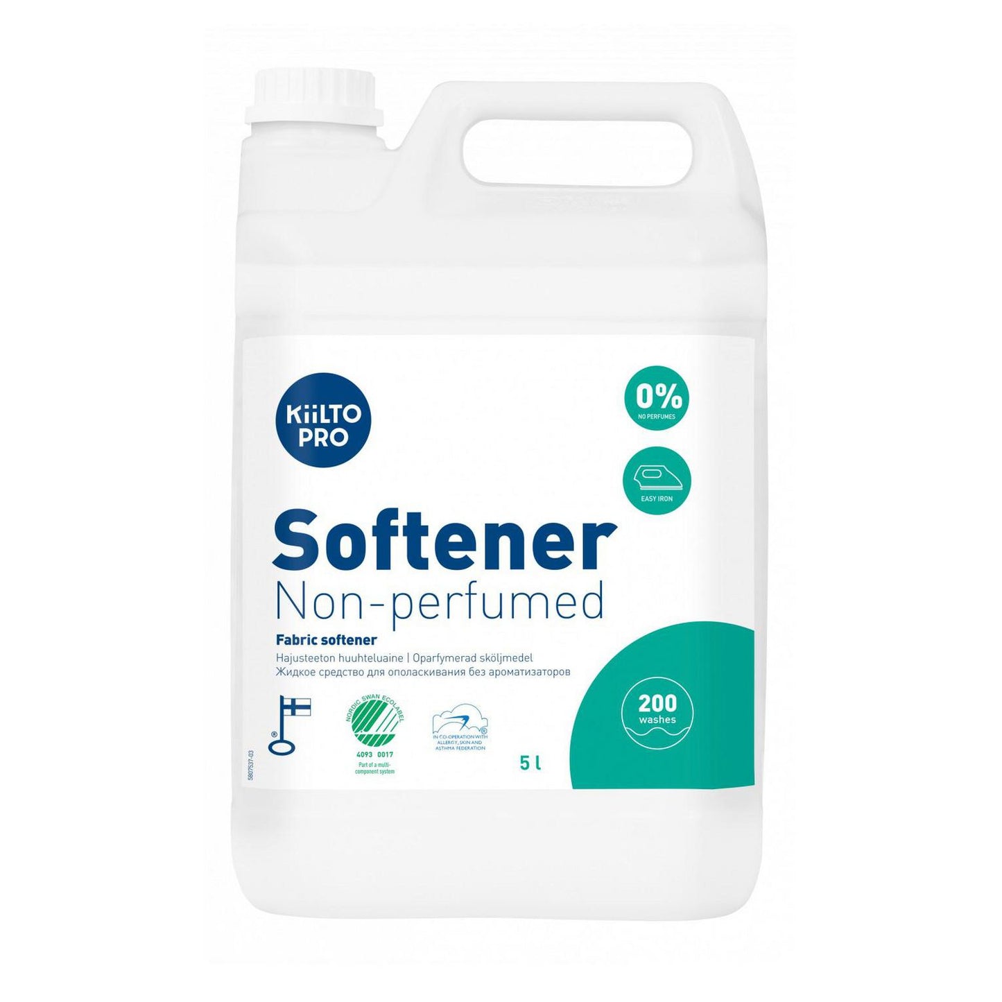 Tøjvask Skyllemiddel Kiilto Pro Softener Non-perfumed 5ltr Svanemærket Sensitiv,3 dnk x 5 ltr/krt