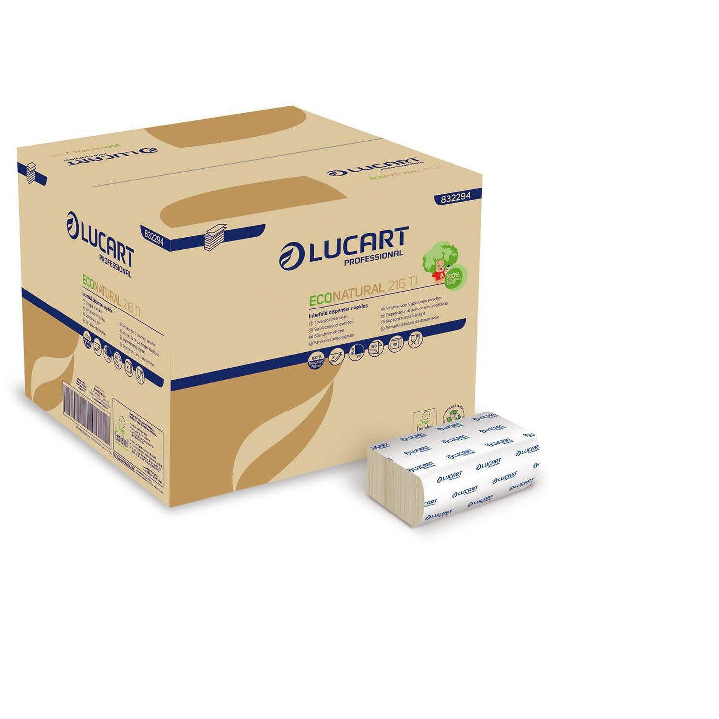 Serviet EcoNatural 16.3x22.4cm 2-lag Interfold natur til dispenser,40 pk x 150 stk/krt