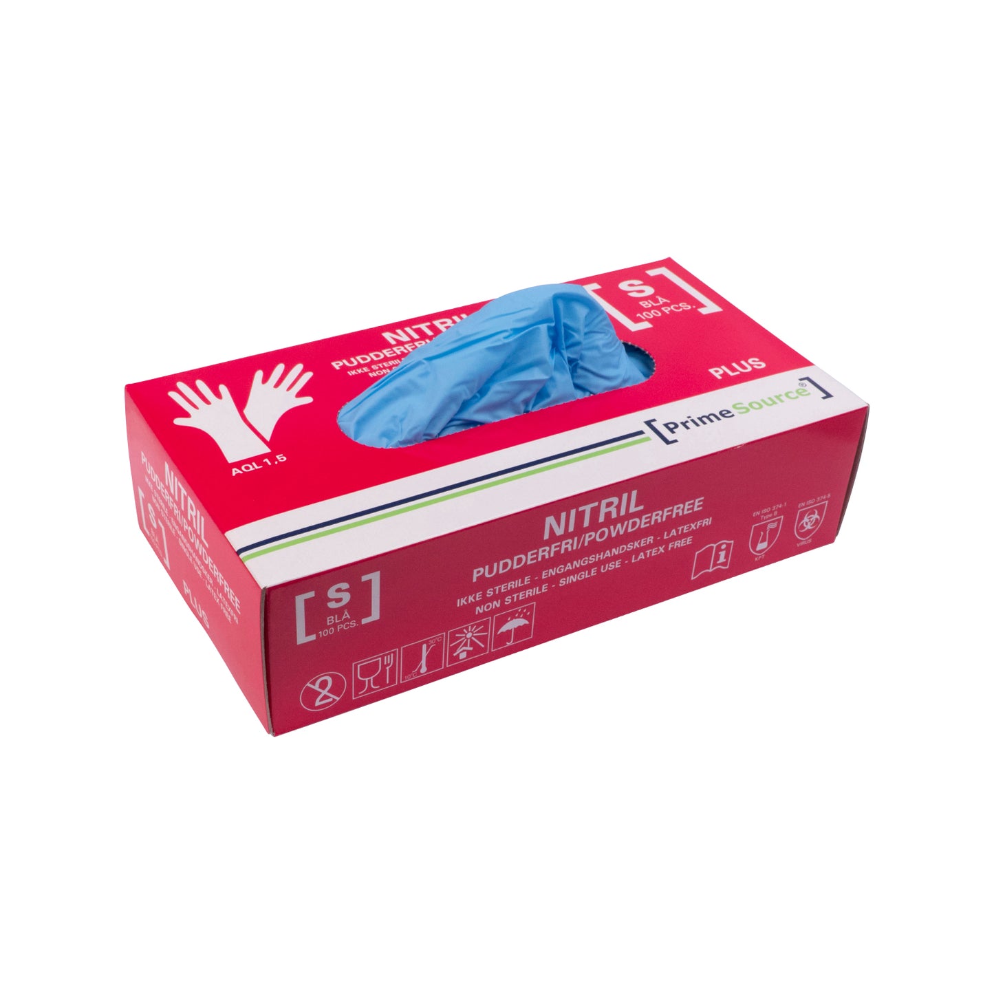 Handske Engangs Prime Source PLUS str S Nitril uden Pudder Blå AQL 1.5,100 stk/pk