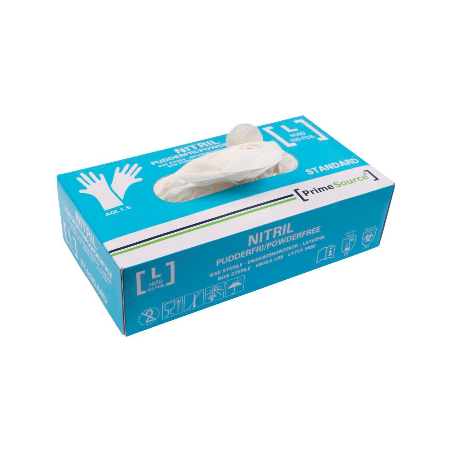 Handske Engangs Prime Source STANDARD str L Nitril uden Pudder Hvid AQL 1.5,100 stk/pk