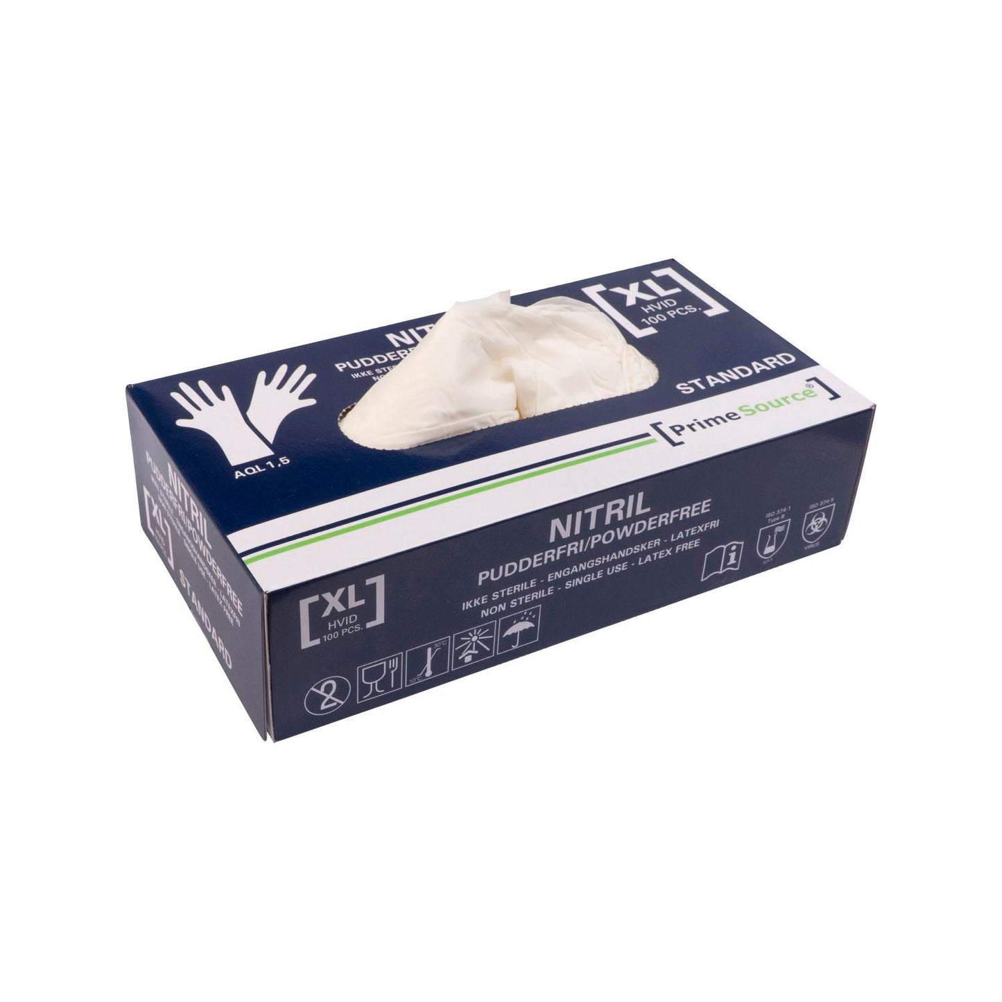 Handske Engangs Prime Source STANDARD str XL Nitril uden Pudder Hvid AQL 1.5,100 stk/pk