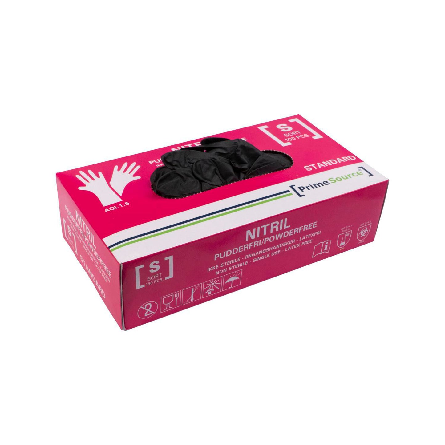 Handske Engangs Prime Source STANDARD str S Nitril uden Pudder Sort AQL 1.5,100 stk/pk
