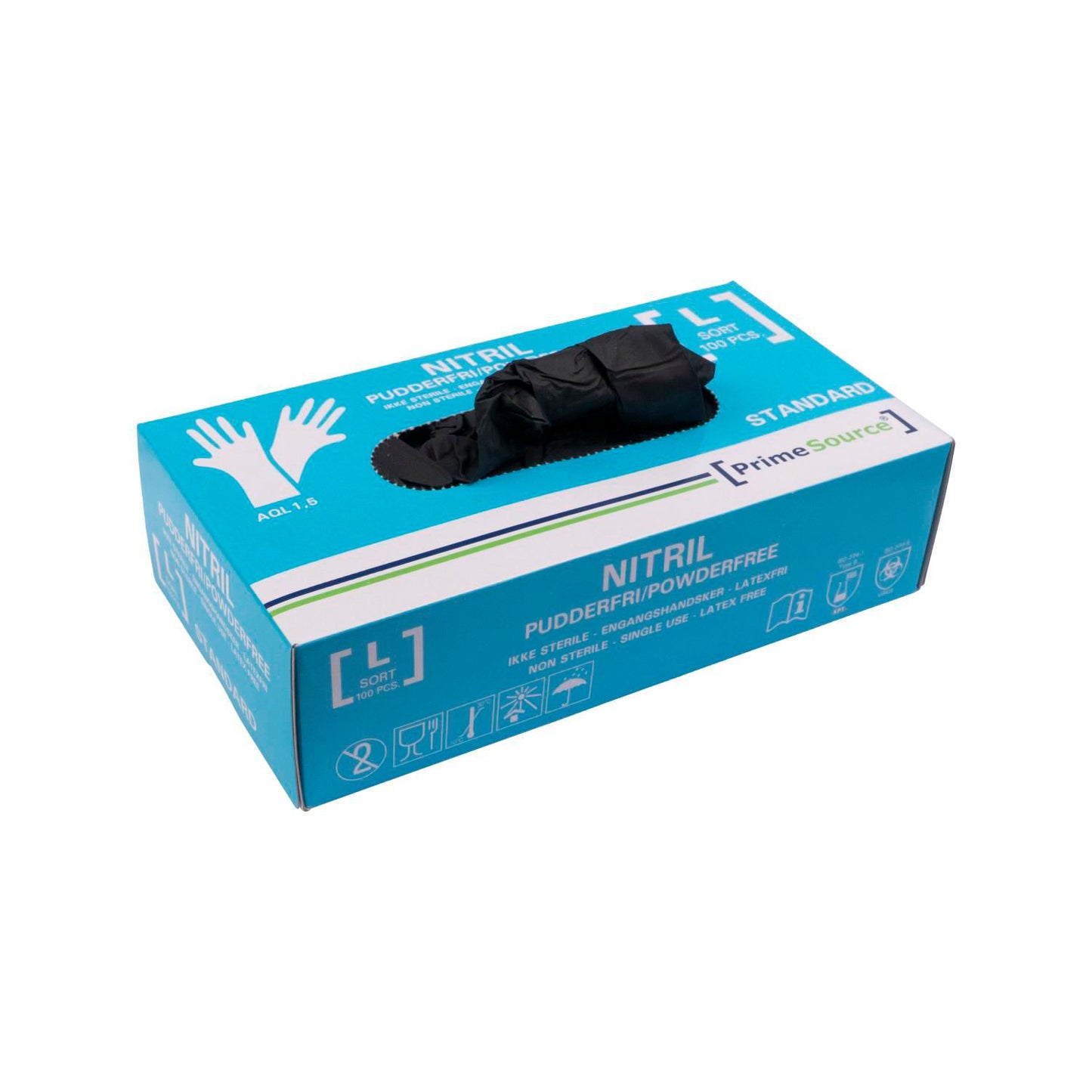 Handske Engangs Prime Source STANDARD str L Nitril uden Pudder Sort AQL 1.5,100 stk/pk