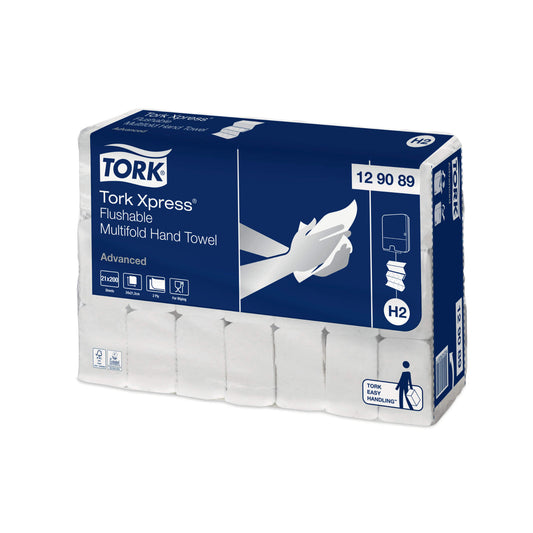 Håndklædeark Tork Advanced H2 Z-Fold 2-lag L24xB21.3xD8cm Nyfiber FSC Hvid Flush,21 pk x 200 stk/krt