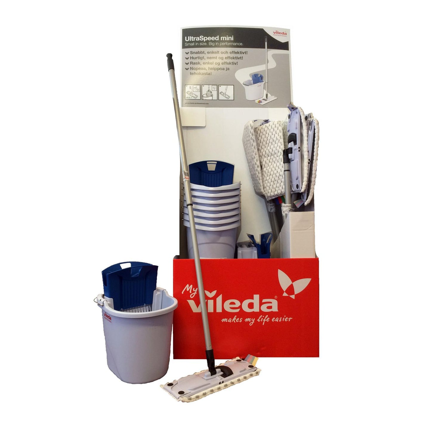 Moppesæt UltraSpeed Mini Display med Moppe 34cm/Fremfører/Skaft/Spand/Presse,8 sæt/krt