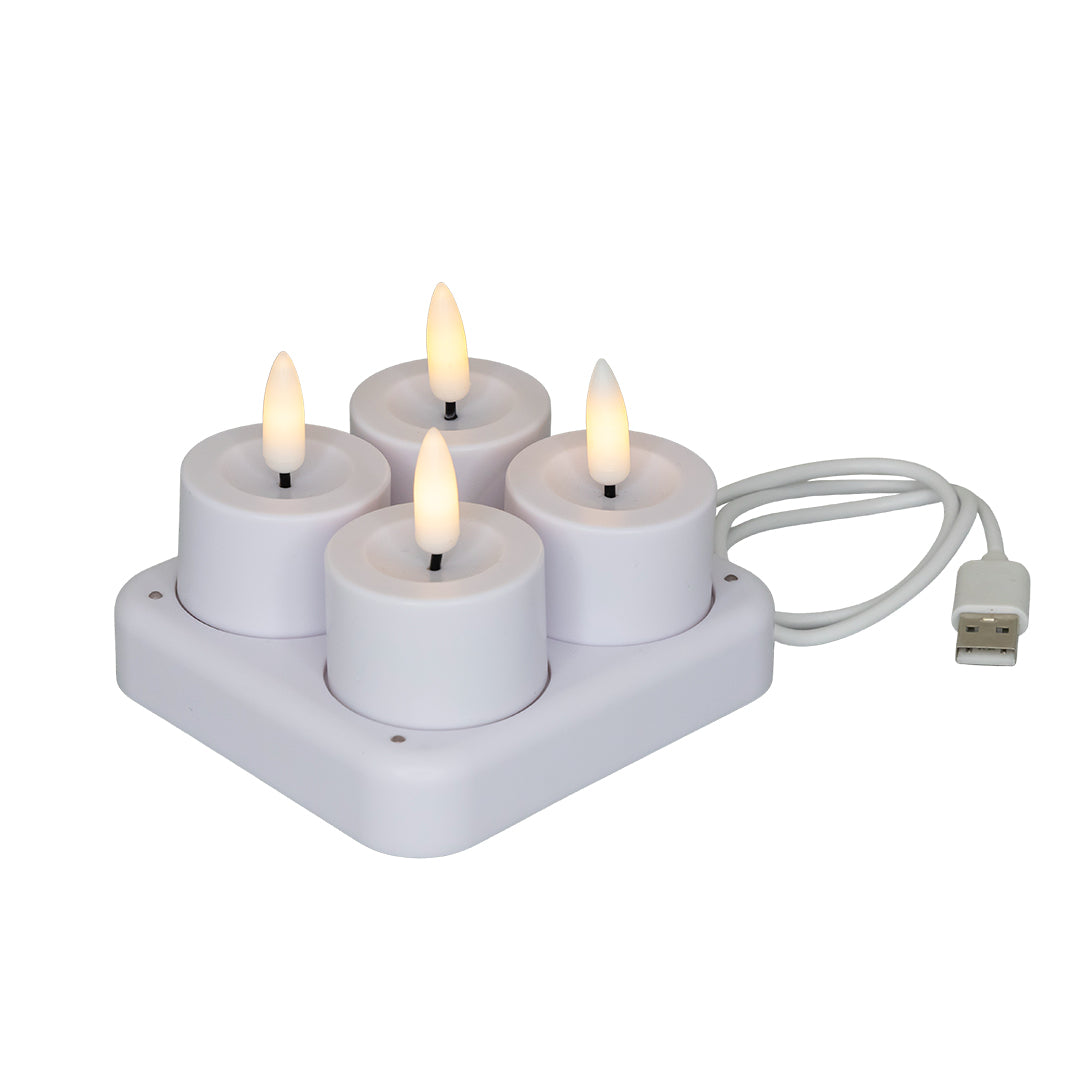 LED-Fyrfadslys 4 stk genopladelig Ø4,1xH5cm hvid med ladestation,4 stk/bk