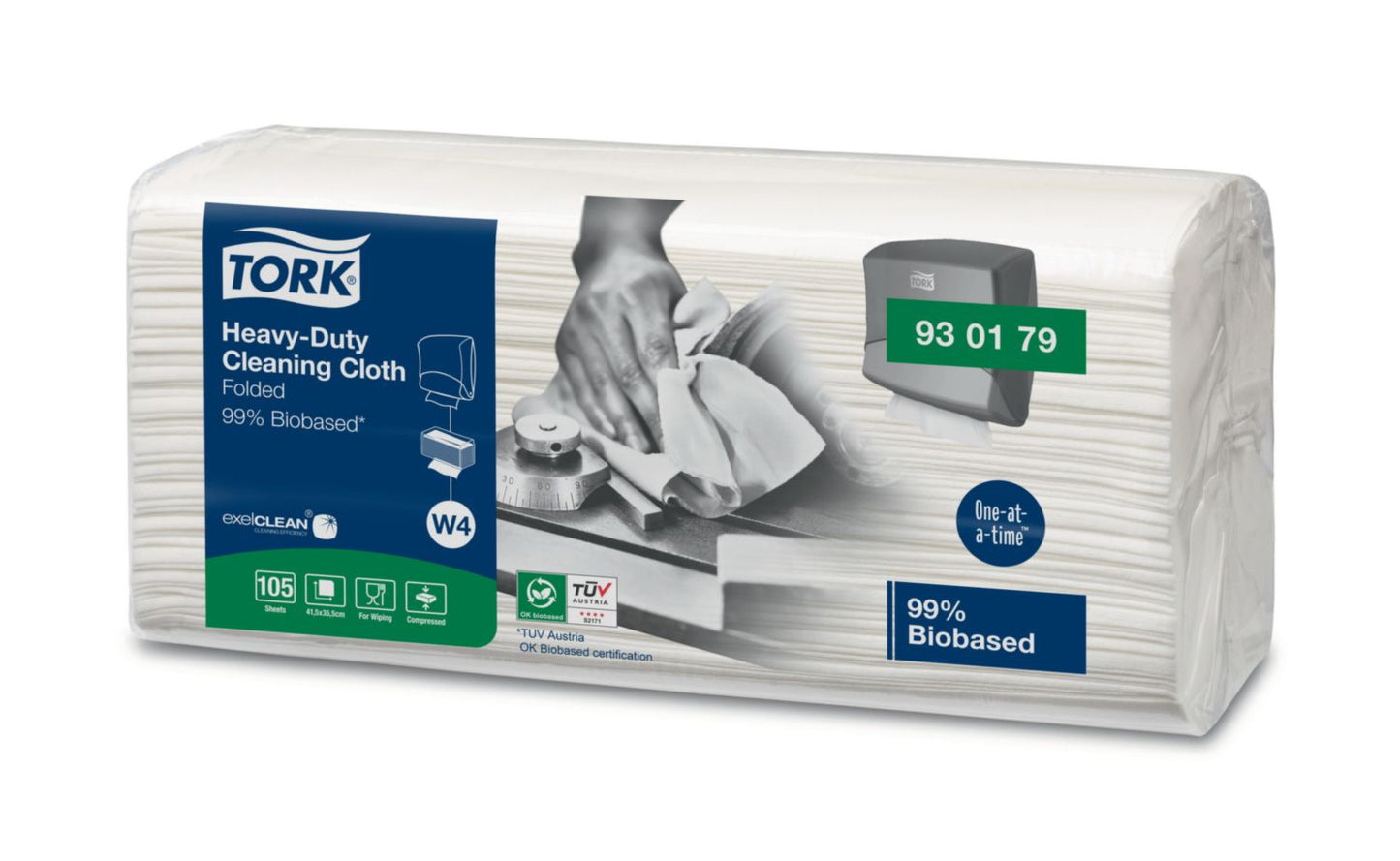 Aftørringsklud Tork W4 biobaseret kraftig L41.5xB35.5cm hvid,4 pk x 105 stk/krt