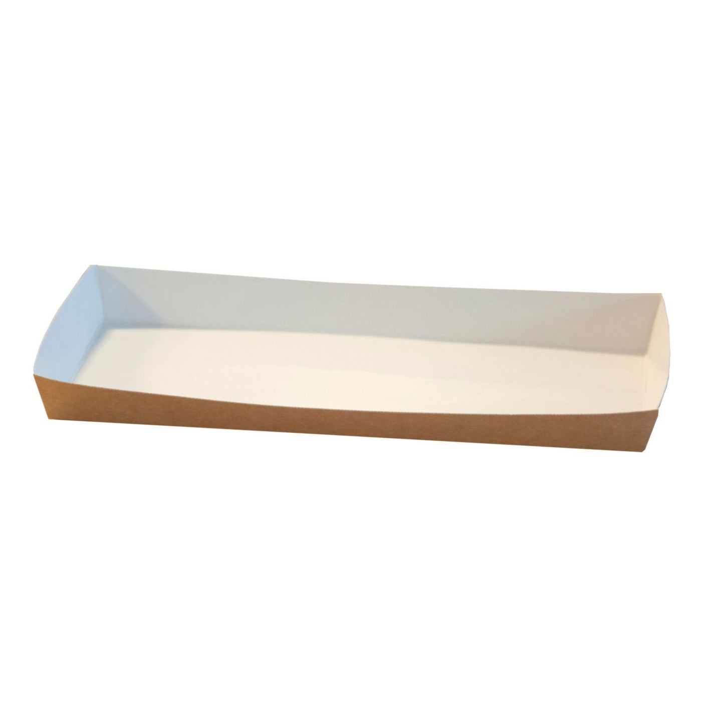 Pølsebakke L200xB90xH20mm pap med kant brun/hvid,6 pk x 100 stk/krt