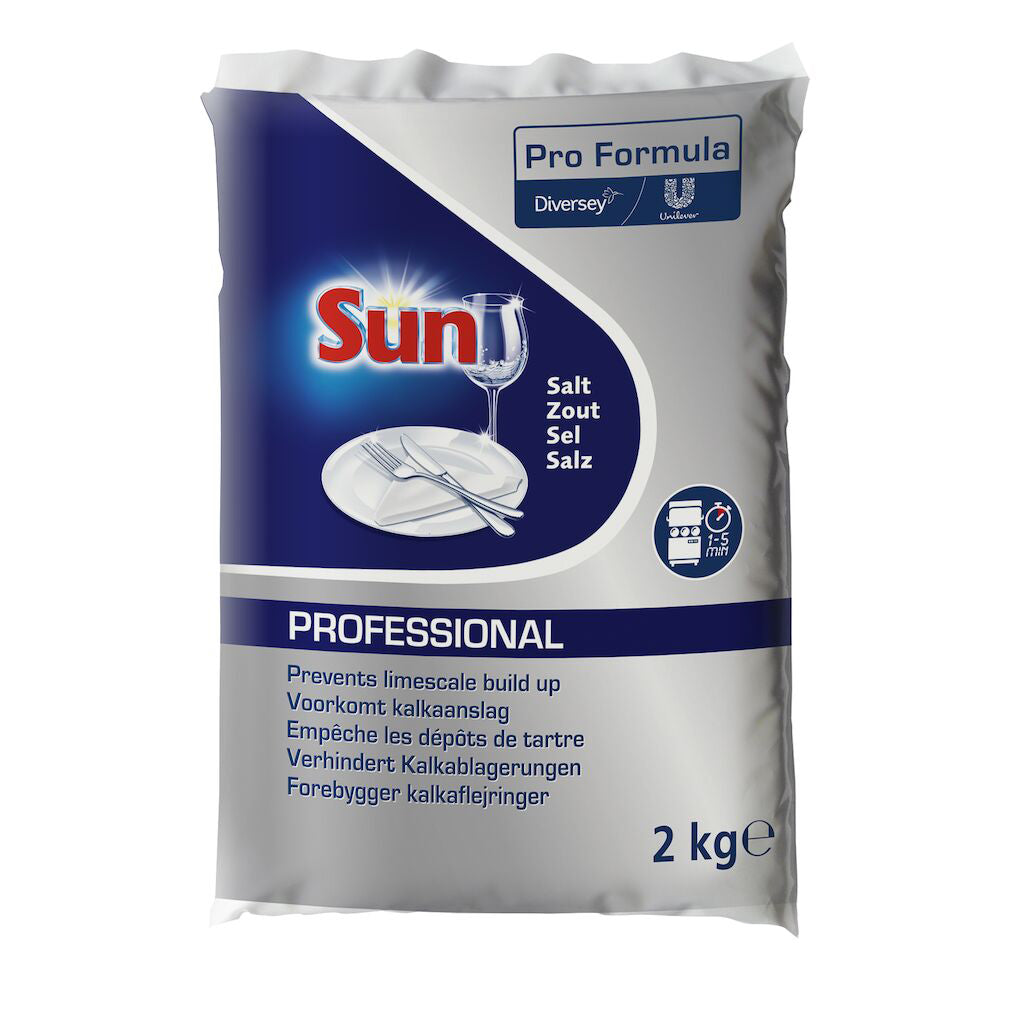Maskinopvask Filtersalt Groft Sun Pro Dishwash Salt 2kg til opvaskemaskiner,6 stk x 2 kg/krt