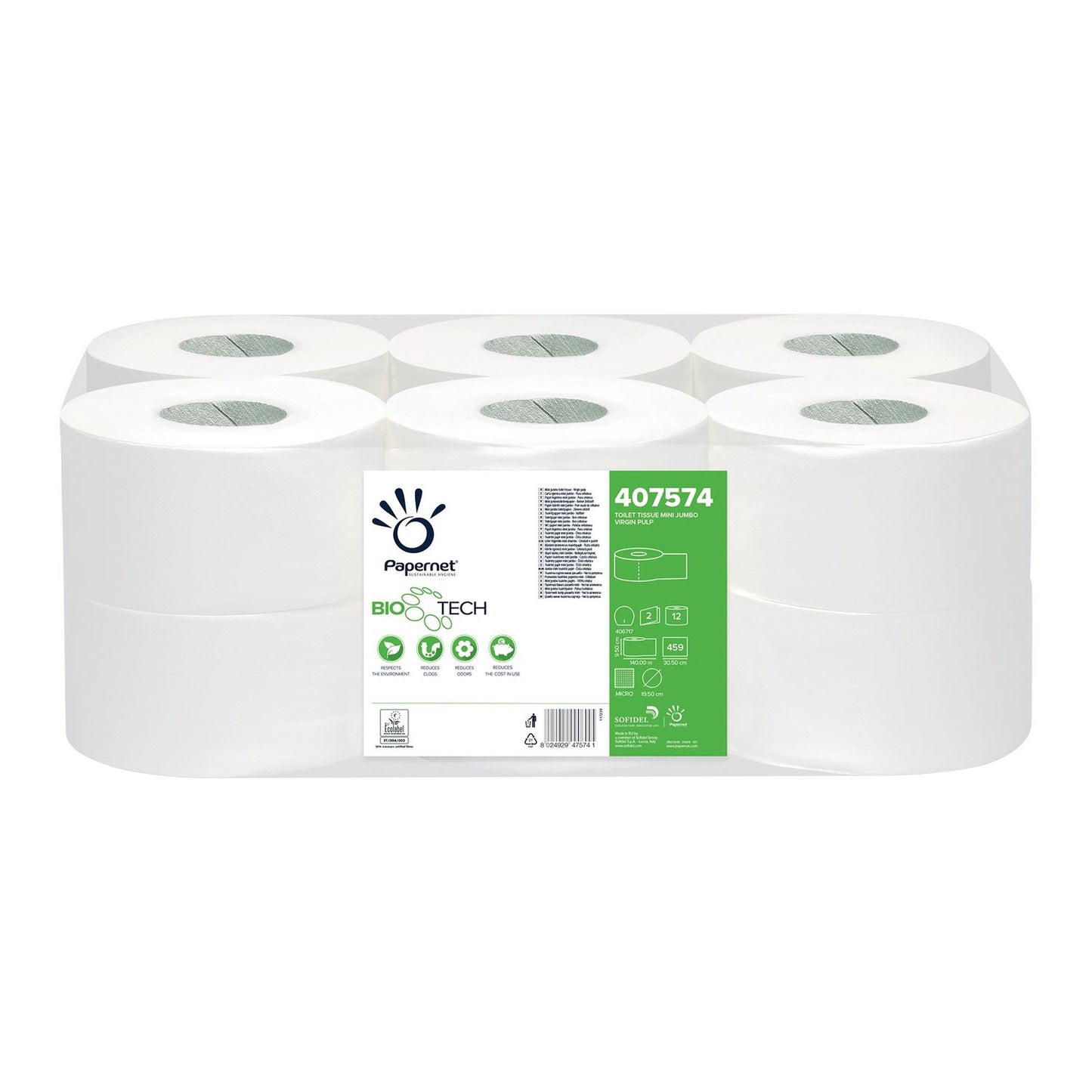 Toiletpapir Papernet Jumbo Mini 2-lags 140m med Bio Tech teknologi,12 stk/krt