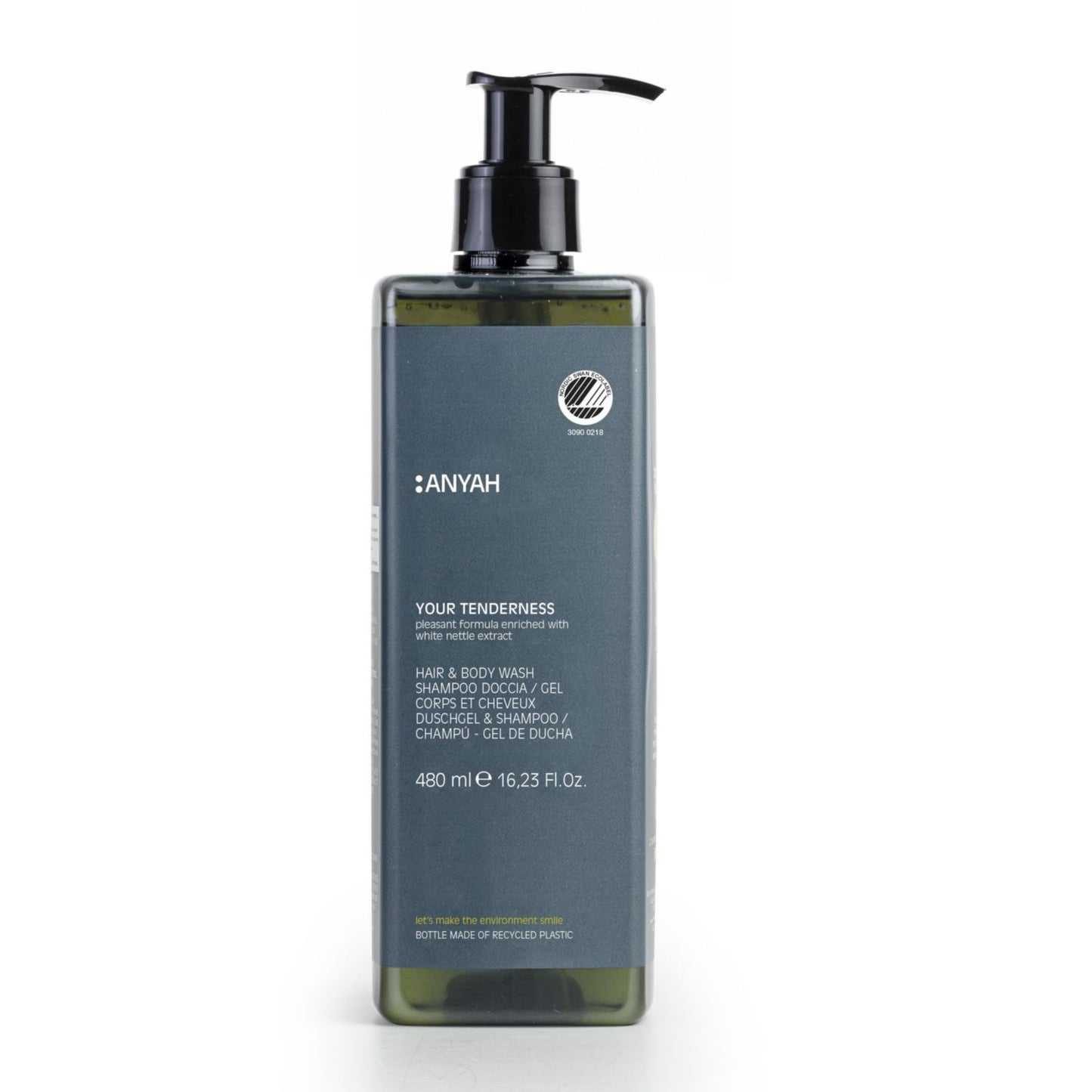 Shampoo Anyah Your Tenderness Gentle Hair & Body 480ml Svanemærket m Pumpe,18 stk x 480 ml/krt