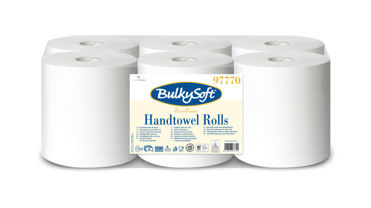 Håndklæderulle Bulkysoft Excellence 3-lag Ø18xB20cmxL100m Uperfo. Nyfiber Hvid,6 stk/krt