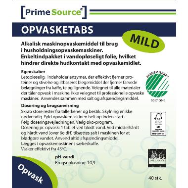 Opvasketabs Prime Source Mild – Svanemærket, vandopløselig folie, 40 stk