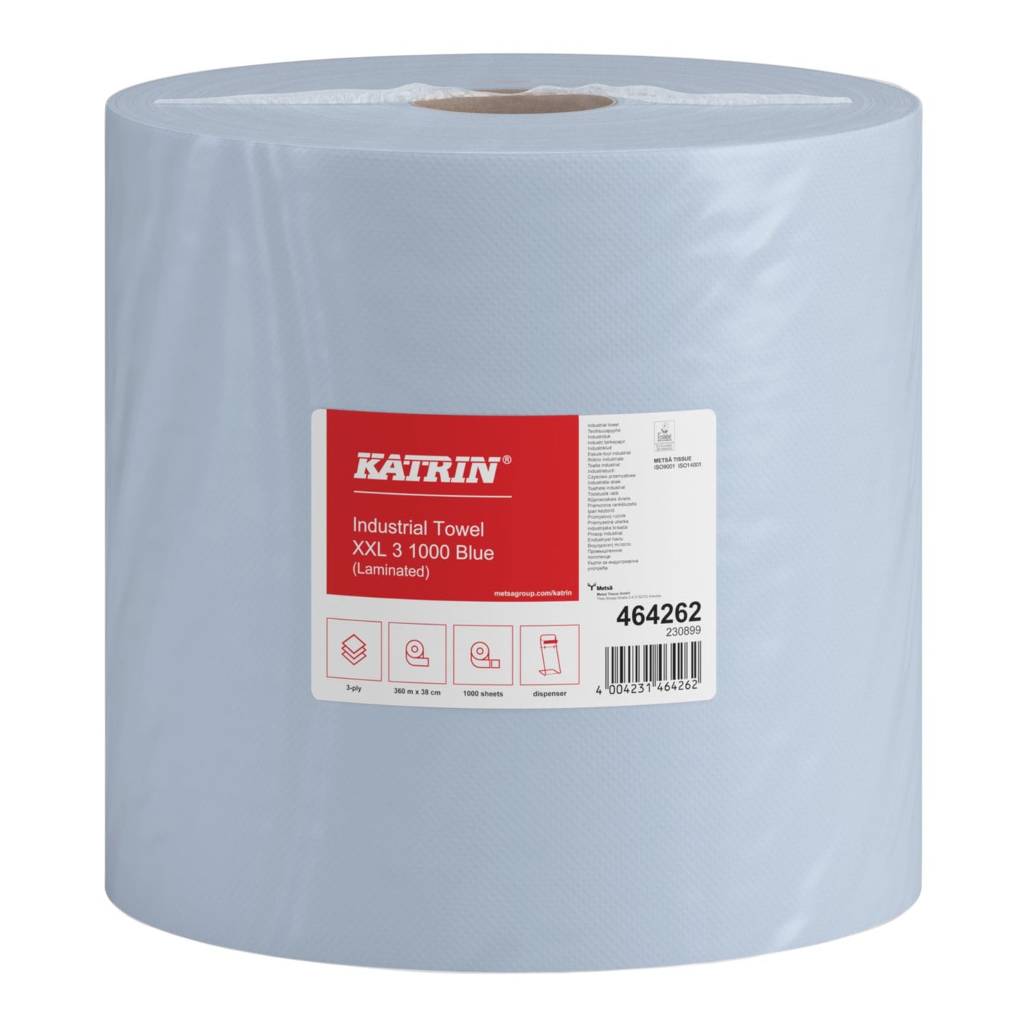 Aftørringsrulle Industri Katrin Classic 3-lag Ø38cm B38xL360m Mix Blå,1 rl