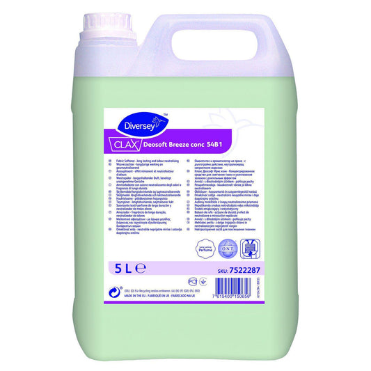Tøjvask skyllemiddel Clax Deosoft Breeze Conc 54B1 5ltr med parfume grøn,2 stk x 5 ltr/krt