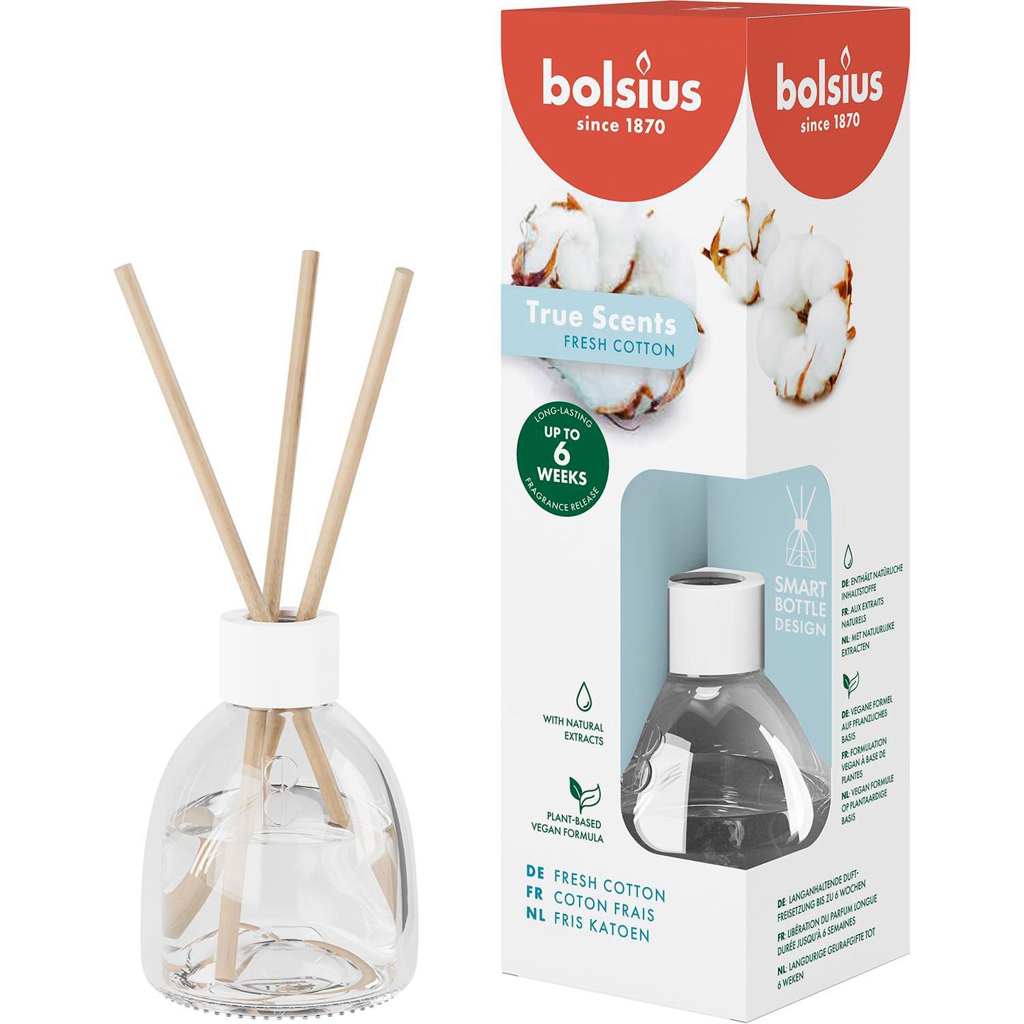 Diffuser Bolsius Frisk Bomuld 60ml med duftepinde,6 stk/krt