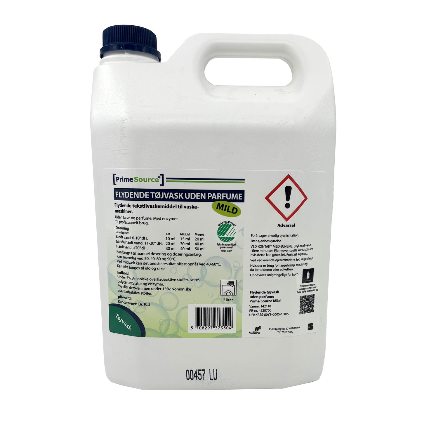 Tøjvask Flydende Prime Source Mild 5ltr Svanemærket u. Parfume til Hvidt/Farvet,5 ltr/dnk