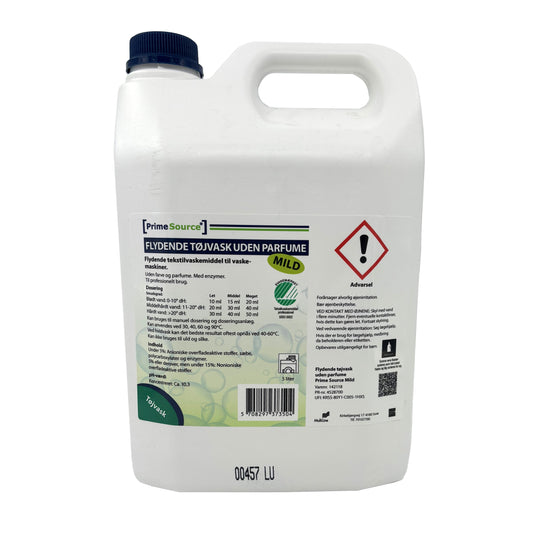 Tøjvask Flydende Prime Source Mild 5ltr Svanemærket u. Parfume til Hvidt/Farvet,5 ltr/dnk