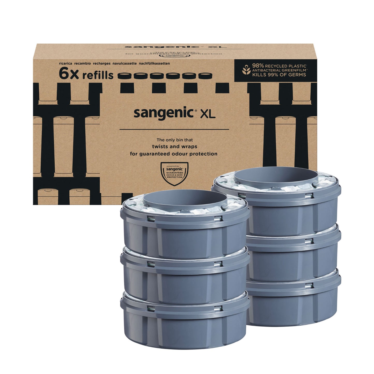 Plastrefill Twist And Click Sangenic XL Til Blespand 17,5m Ø18cxH6cm Grå,6 stk/krt