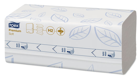 Håndklædeark Tork Premium H2 M-Fold 2-lag kompr. L32xB21.2xD8cm Nyfiber FSC Hvid,12 pk x 170 stk/krt