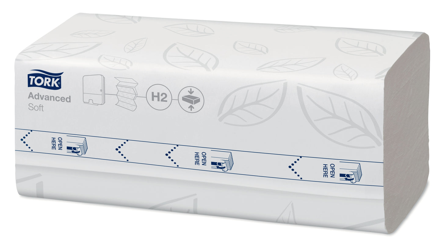 Håndklædeark Tork Advanced H2 M-Fold 2-lag kompr. L32xB21.2xD8cm Mix Hvid,12 pk x 200 stk/krt