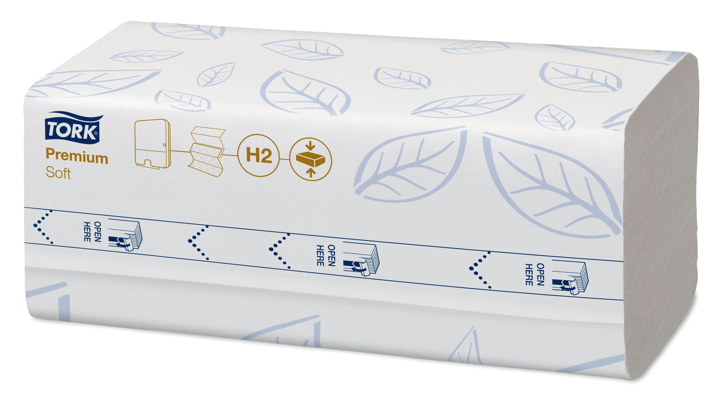 Håndklædeark Tork Premium H2 Z-Fold 2-lag kompr. L24xB21.2xD8cm Nyfiber Hvid,12 pk x 225 stk x 1 stk/krt